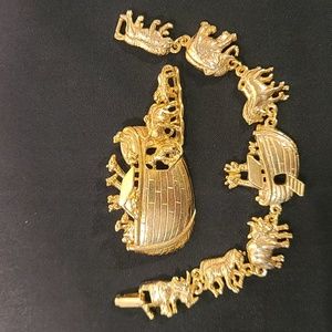 NWT Vintage Noah's Arc Bracelet and Brooch Pin Goldtone -Unique Set
